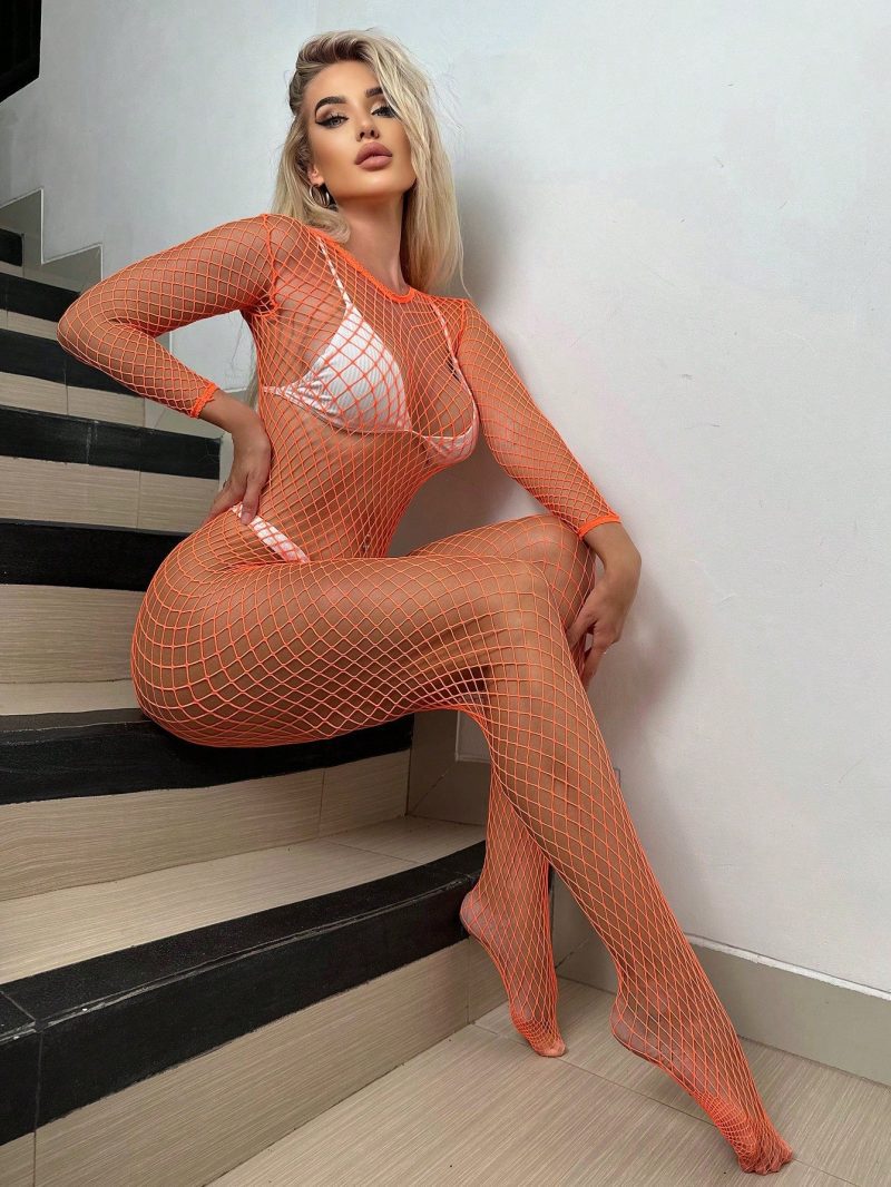 Cut Out Fishnet Bodystocking Orange Princess Avenue