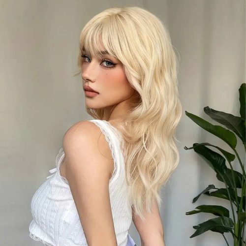 22 Inch Long Blonde Wig With Bangs Wavy Curly Synthetic Hair Natural Looking Heat Resistant With Wig Cap P A Boutique 84820595