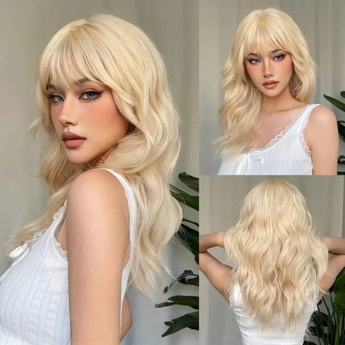 22 Inch Long Blonde Wig With Bangs Wavy Curly Synthetic Hair Natural Looking Heat Resistant With Wig Cap P A Boutique 84820826