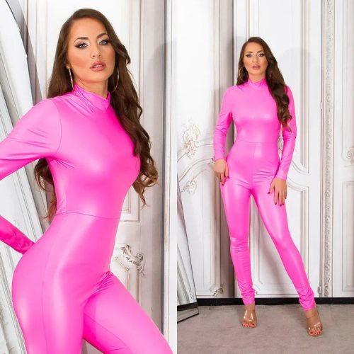 FAUX LEATHER LONG SLEEVE JUMPSUIT PINK KouCla 84745634