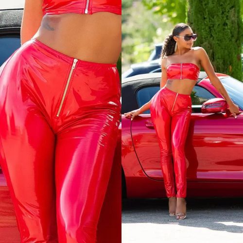 HIGH WAIST LATEX LOOK PANTS WITH ZIP RED KouCla 84753257