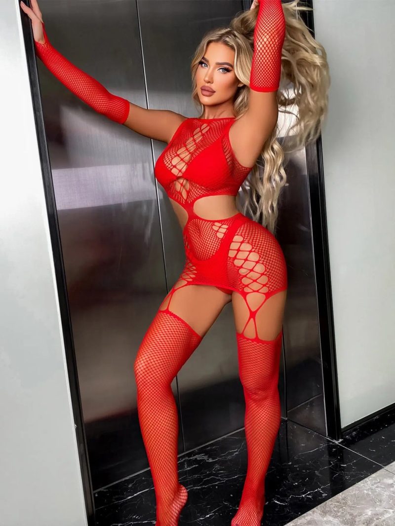 Mesh Hollow Out Bodystocking Red Princess Avenue 84737024