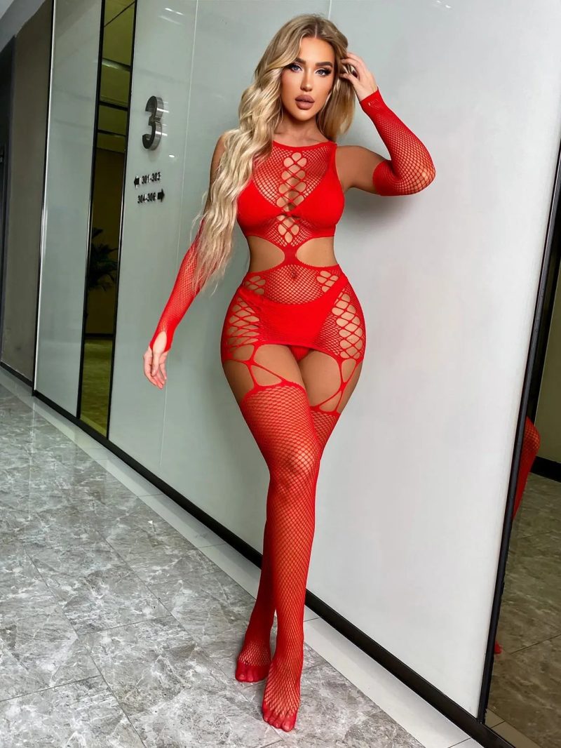 Mesh Hollow Out Bodystocking Red Princess Avenue 84737268