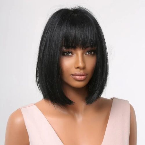 Short Bob Straight Black Wigs With Bangs Heat Resistant With Wing Cap P A Boutique 84819879