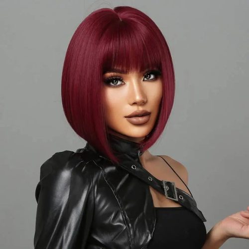 Short Bob Straight Wine Red Synthetic Bangs Wig For Cosplay Party With Wig Cap P A Boutique 84823528