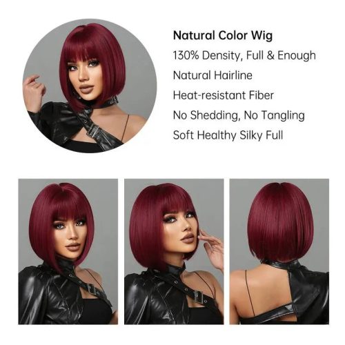 Short Bob Straight Wine Red Synthetic Bangs Wig For Cosplay Party With Wig Cap P A Boutique 84823685