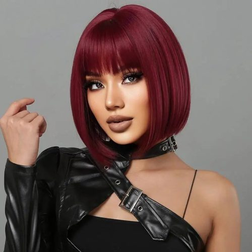 Short Bob Straight Wine Red Synthetic Bangs Wig For Cosplay Party With Wig Cap P A Boutique 84823742