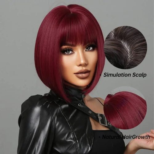 Short Bob Straight Wine Red Synthetic Bangs Wig For Cosplay Party With Wig Cap P A Boutique 84823827