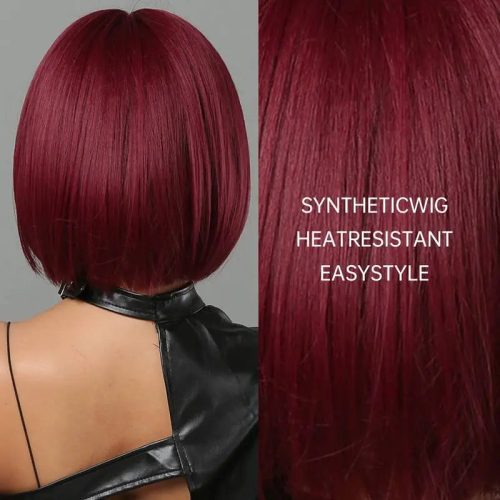 Short Bob Straight Wine Red Synthetic Bangs Wig For Cosplay Party With Wig Cap P A Boutique 84823937