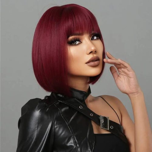 Short Bob Straight Wine Red Synthetic Bangs Wig For Cosplay Party With Wig Cap P A Boutique 84824146